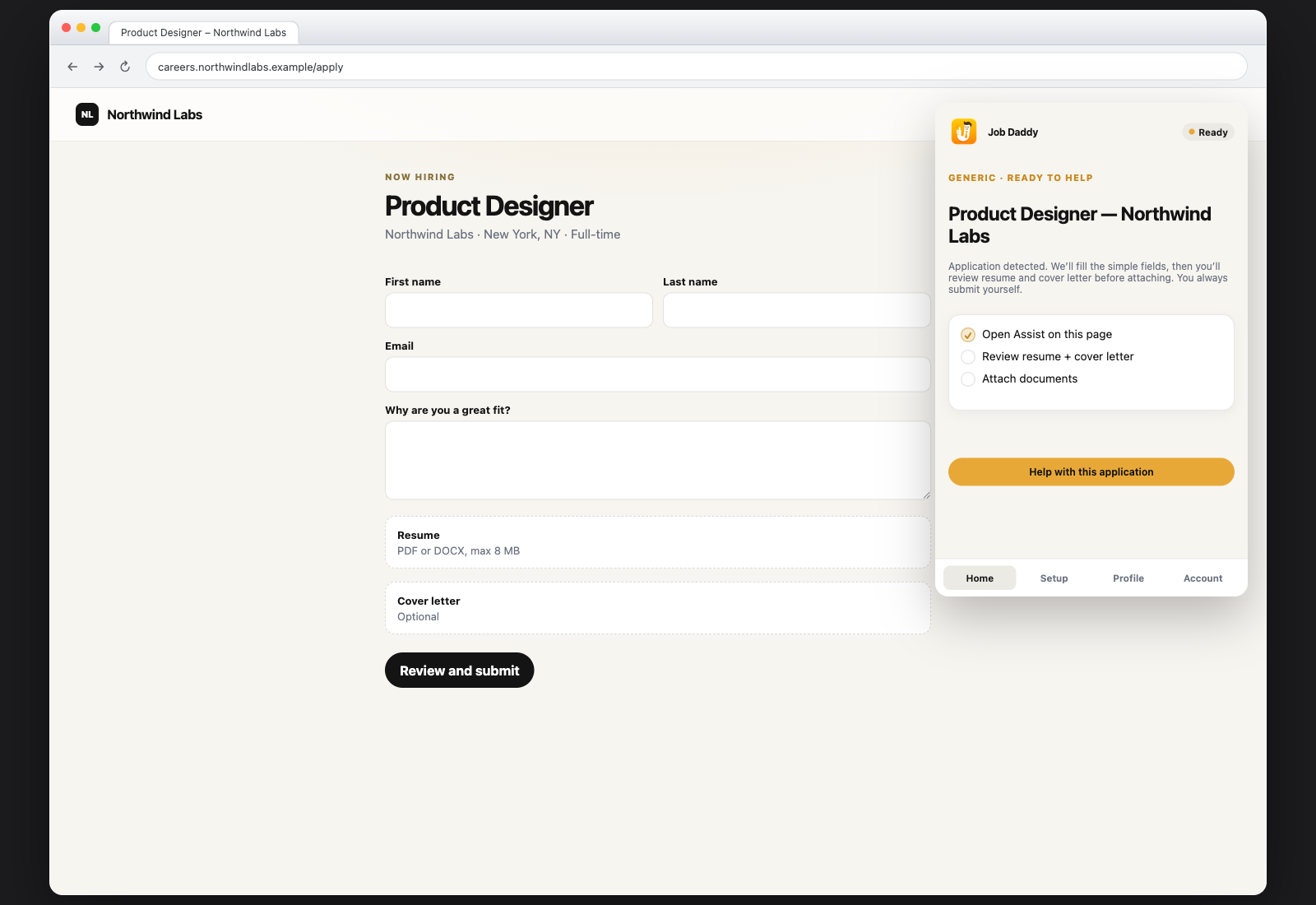 Job application page with the Job Daddy popup ready to help in one click